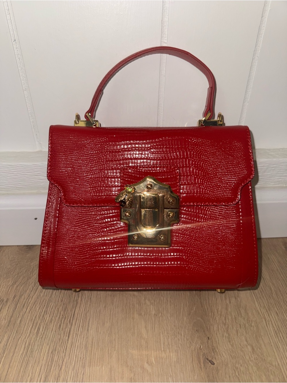 Red Mini Top-Handle Satchel with Gold-Tone Lock